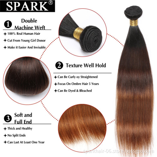 SPARK 1B/4/30 Ombre Brazilian Hair Straight Bundles with Closure Black to Dark Brown Silky Straight Virgin Human Hair